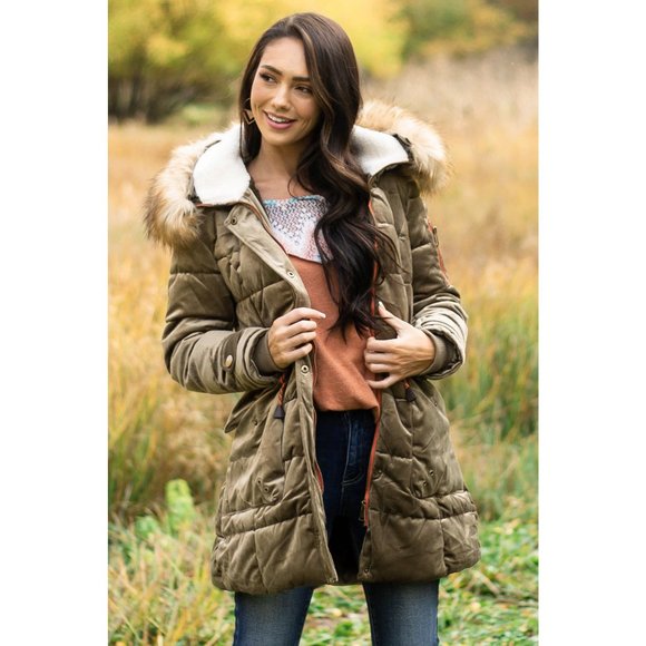 NEW Olive Green Velvet Faux Fur Hooded Soft Fur Lined Long Puffer Coat Jacket - Picture 10 of 10
